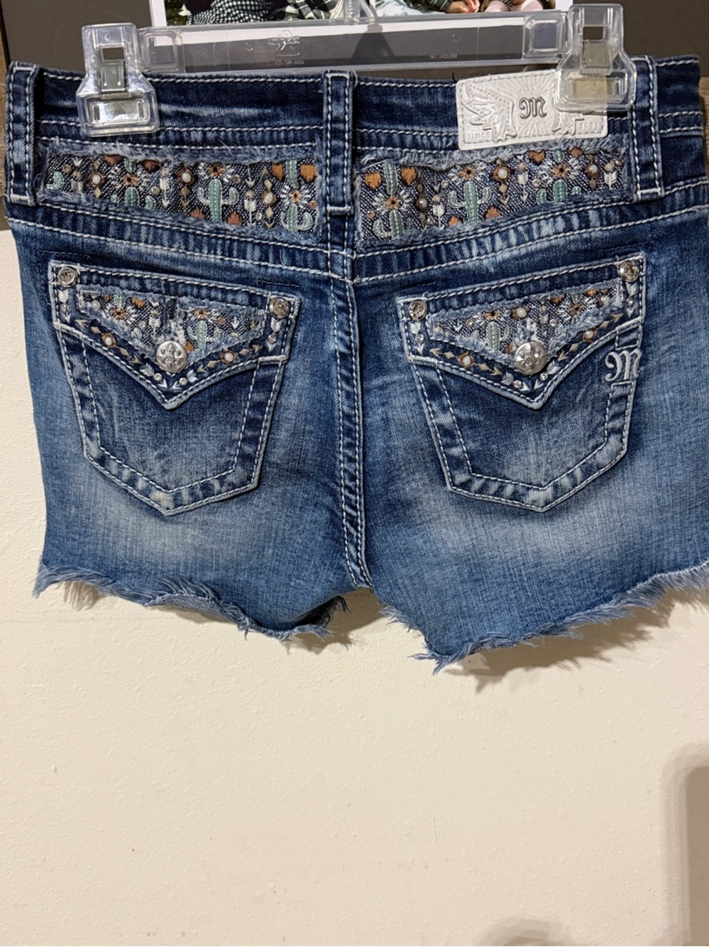 Miss Me Sheer Essence Cactus Embellished Denim Shorts Western Mid Rise